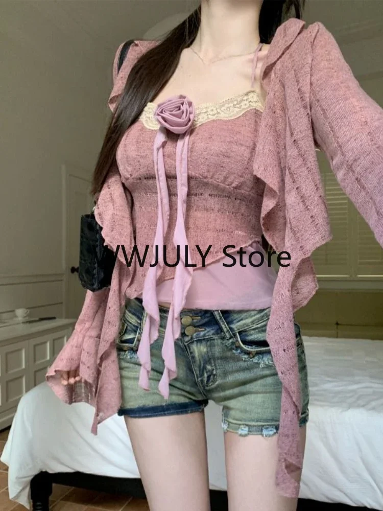 Neue 2024 rosa elegante 2 Stück Set Büro Dame Spitze sexy Riemen Tops lässige Strickjacke koreanische Mode Bluse Anzug Frau Outfits