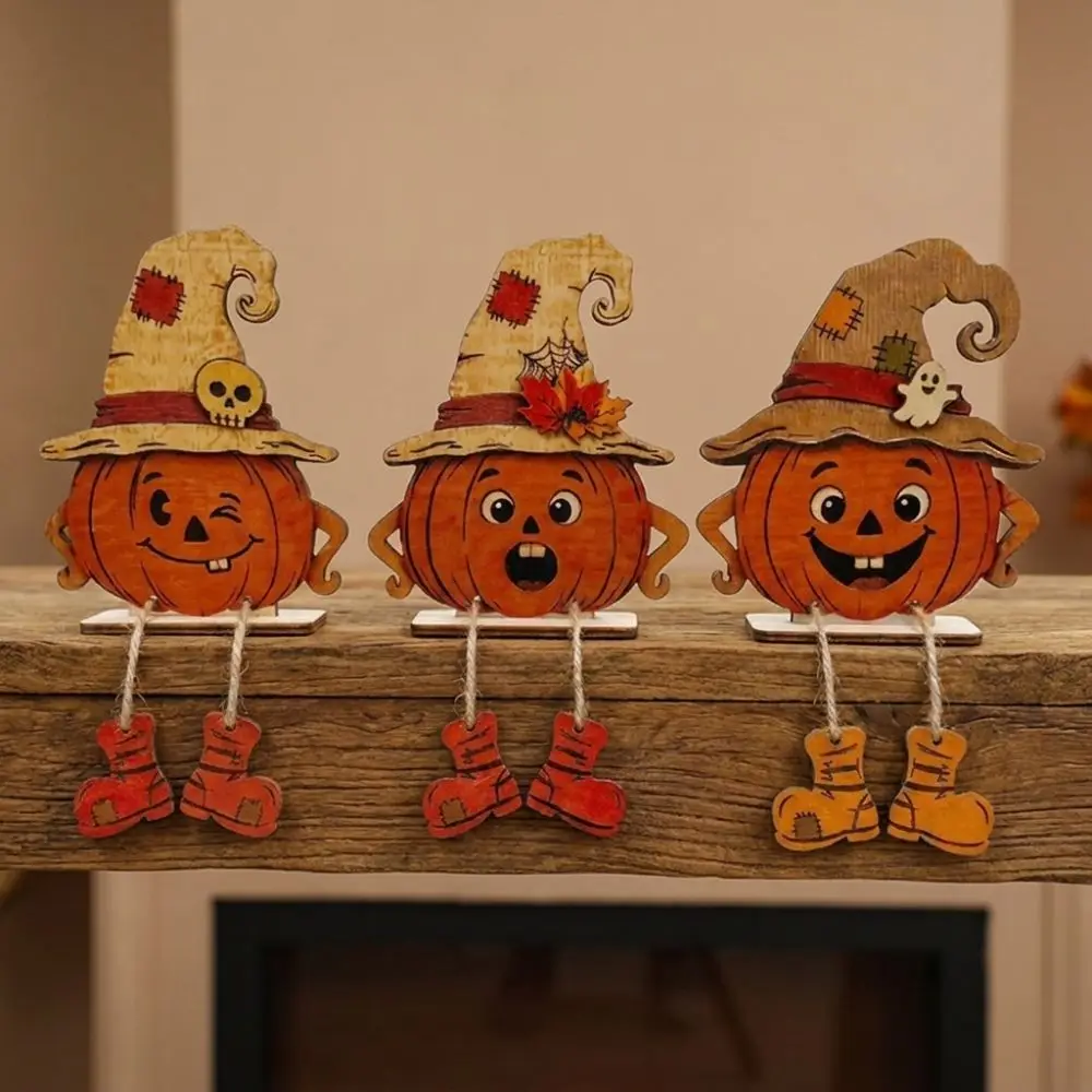 3Pcs 2D Flat Pumpkin-Shaped Wooden Ornaments Pastoral Hand Painted Fall Pumpkin Table Ornament Vintage Stable Base
