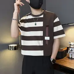 Fashion O-Neck Spliced Asymmetrical Striped T-Shirts Men's Clothing Summer New Loose All-match Tops Casual Tee Shir
