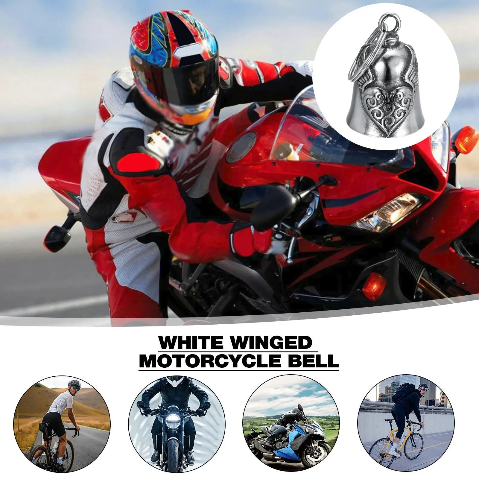 Asa de coração motocicleta sino vintage amor asas de anjo sino pingente chaveiro masculino equitação festa amuleto punk rock exorcismo jóias