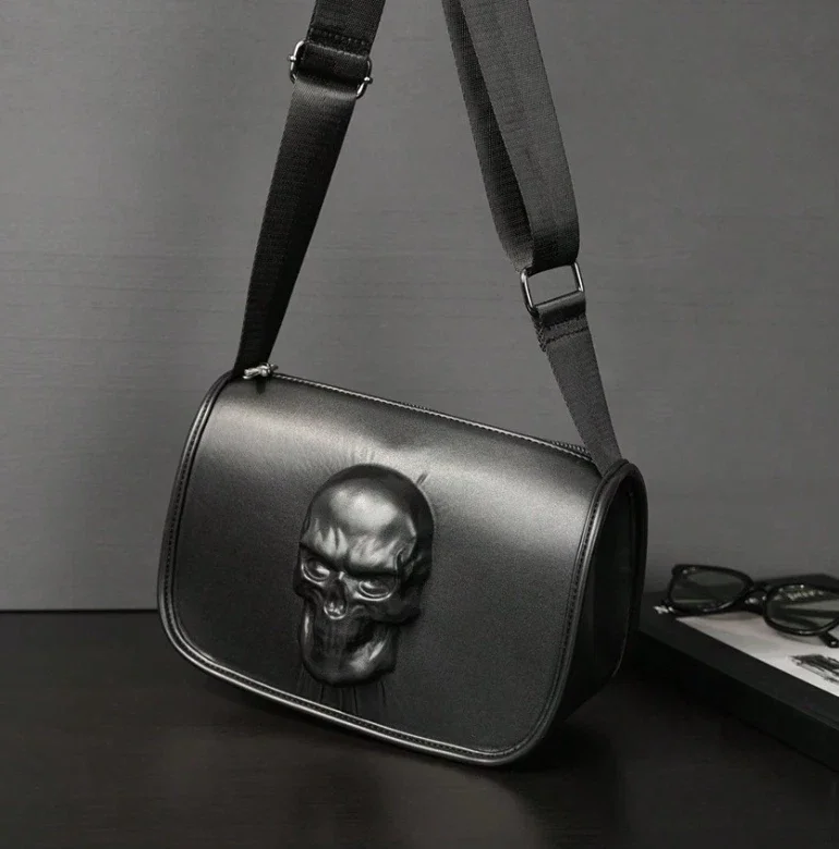 

Motorcycle Black PU Leather Large Shoulder Bag 3D Skull Bag Studded Skull Gothic Crossbody Shoulder Bag Travel Leather Handbag