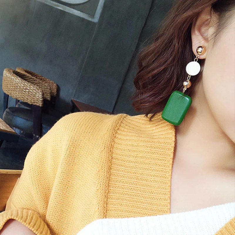 Trendy Statement Long Dangle Earrings for Women Green Wood Rectangle Drop Earrings Wedding Party Geometry Big Jewelry Gift