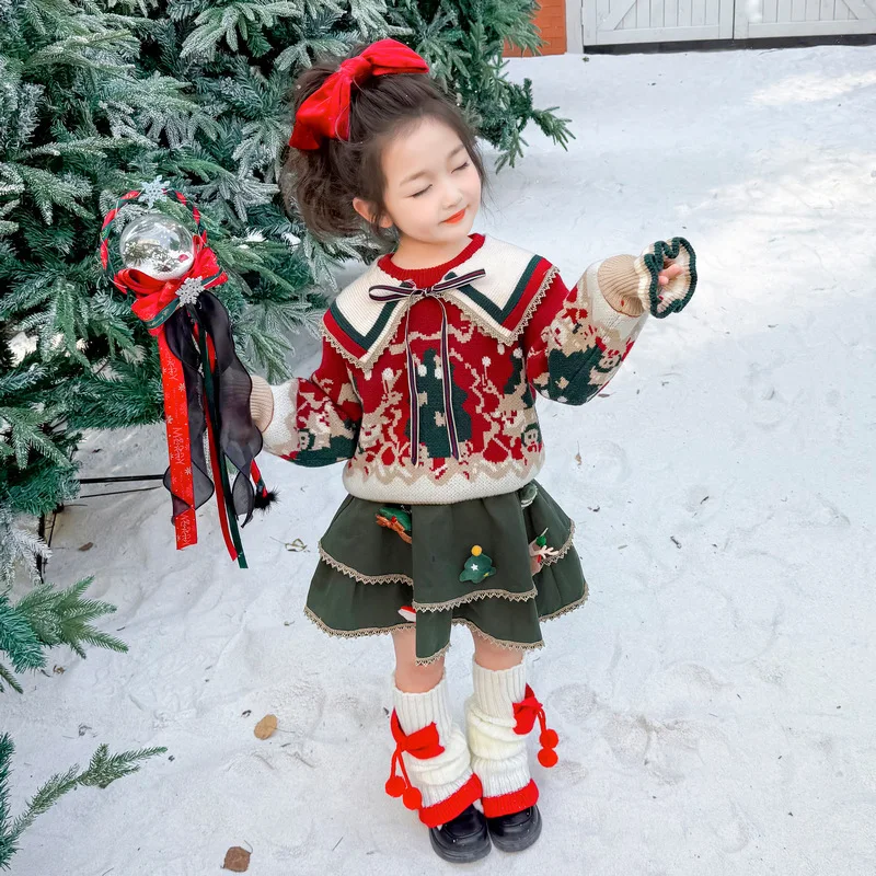 Mädchen Weihnachtspullover Rock Herbst Winter 2026 Neujahr Niedliche Studentin Prinzessin Süßer Strickpullover Rock Festival Geschenk