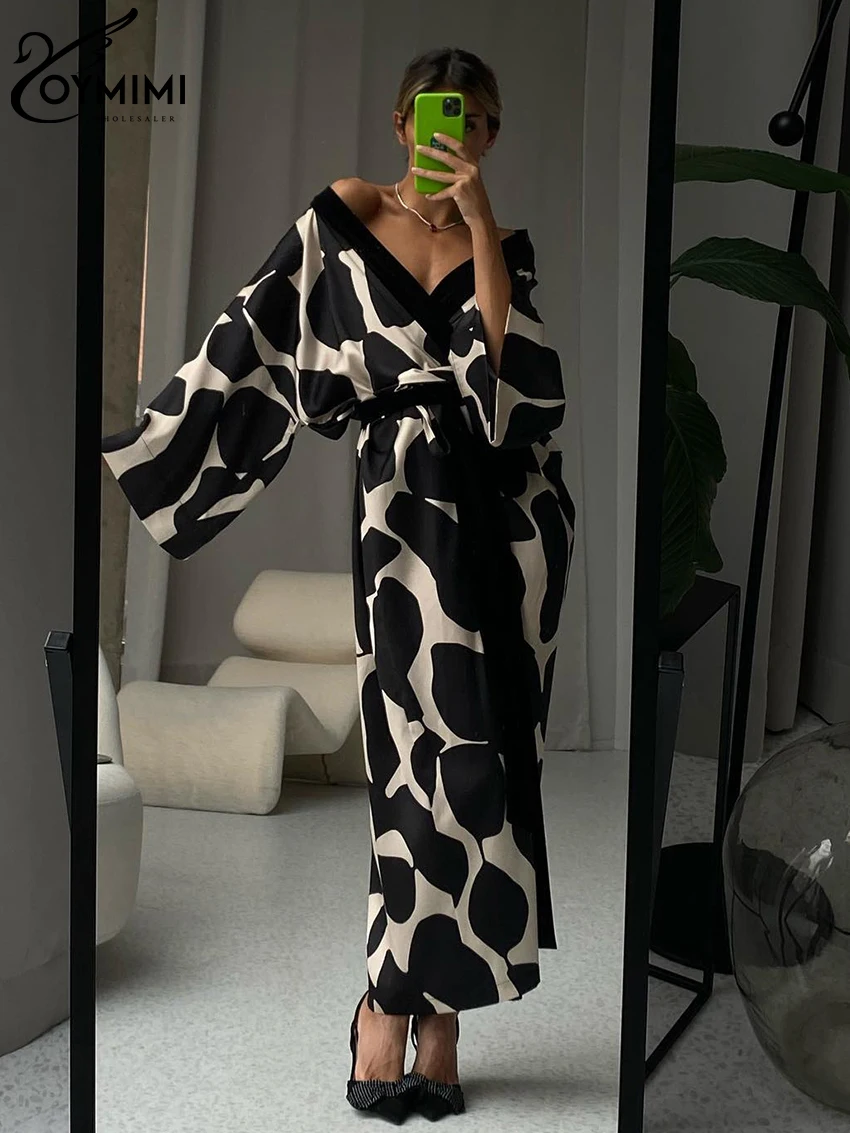 Oymimi Casual Loose Print Dress Elegant V-Neck Long Sleeve Lace-Up Dress Fashion Velvet Spliced Dresses For Women 2023 Sleepwear