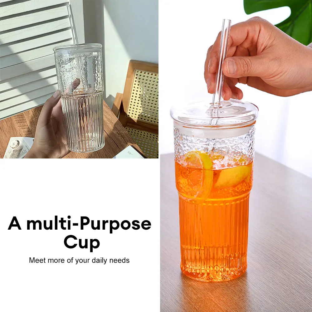 

600ml Simple Stripe Glass Cup With Lid and Straw Transparent Bubble Tea Cup Juice Glass Beer Can Milk Mocha Cups Breakfast Mug