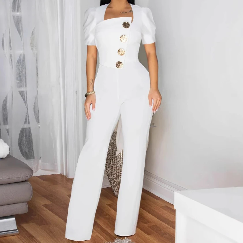 Women Jumpsuits Solid Rompers Short Sleeves Square Collar Single Breasted Empire Waist Full Length Straight Pants 2025 Autumn