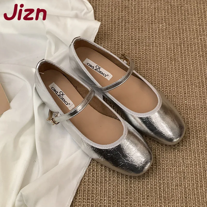 

Silver Footwear Shallow Ladies Mary Janes Flats Shoes Female Round Toe Fashion Buckle Women Ballet Flats Shoes