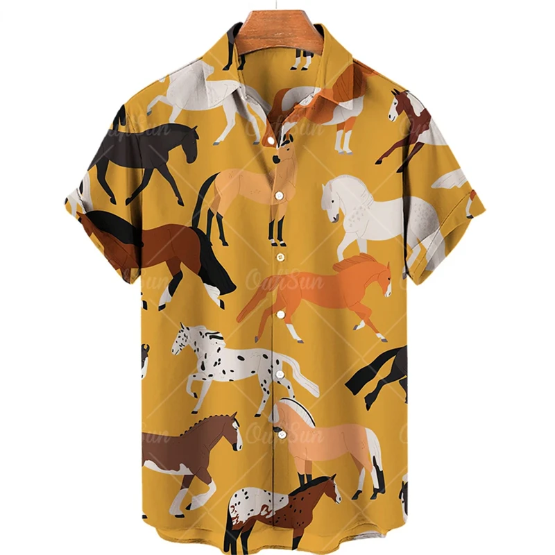 Cartoon Animals Pattern Summer Men\'s Shirts Casual Oversized Short-sleeved Fashion Leopard Print Blouses Trend Lapel Camisa Tops