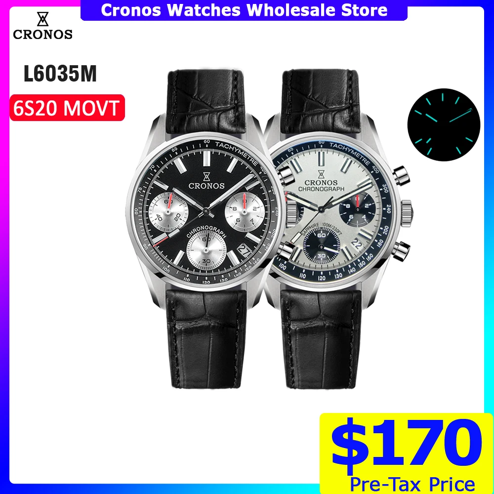 Cronos Chronograph Quartz Men Watch Miyota 6S20 Black&White Panda Dial Sapphire 10 ATM Tachymetre Leather Strap L6035M