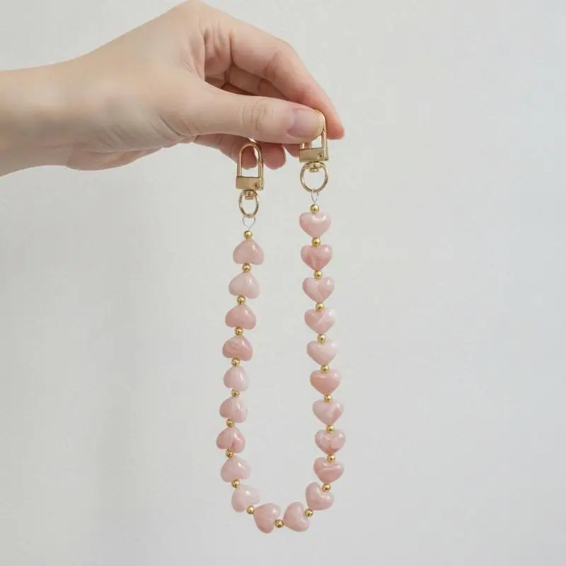 Aesthetic Y2K Mobile Phone Lanyard Love Heart Beaded Pendant Chain for Phone Bag Key Hanging Ornament Women
