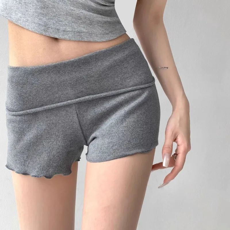 Comfortable Grey Grey Grey Fungus Edge Shorts Women's Spring and Summer Wear Lightweight-Free Sexy Folding Low-rise Hot Pants