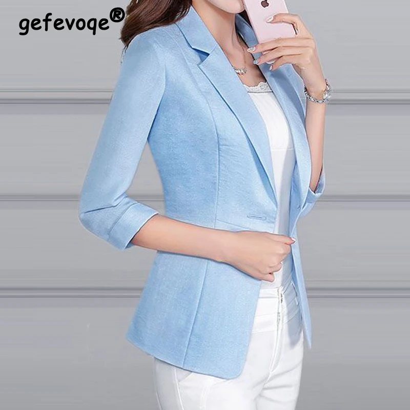 Women\'s Korean Fashion 3/4 Sleeve Solid Slim Cotton Linen Blazers Jacket Spring Summer Elegant Office Lady Casual Thin Suit Coat