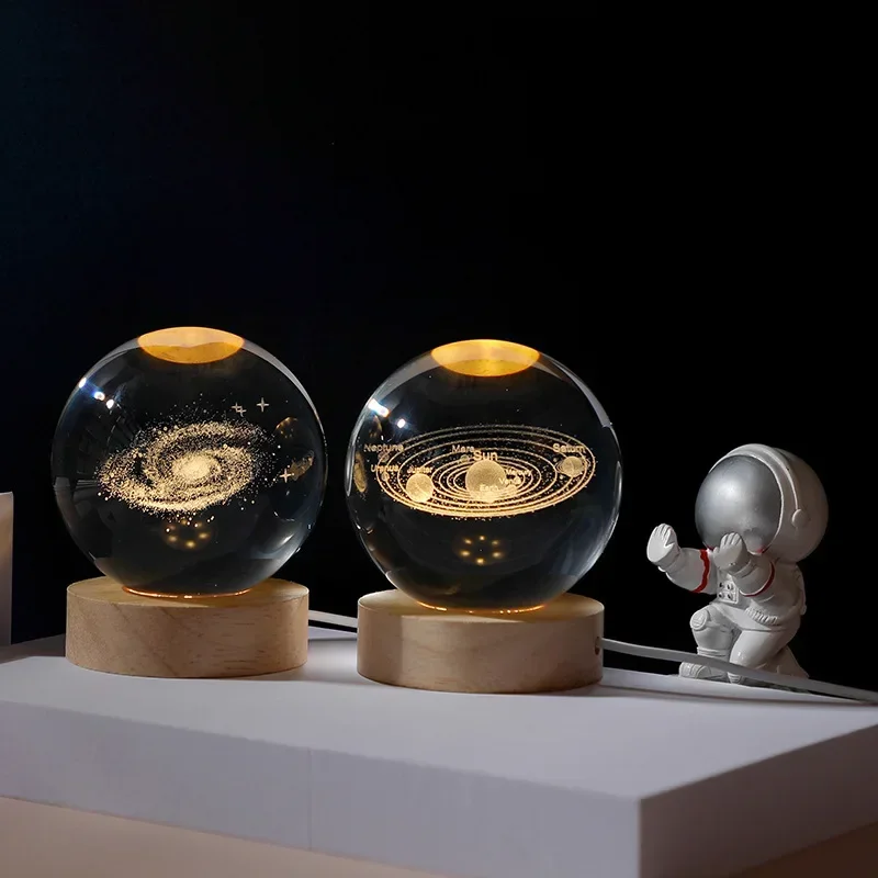 6/8cm 3D Crystal Ball Planet Night Light Laser Engraved Solar System Globe Astronomy Festival Gifts Home Desktop Decoration