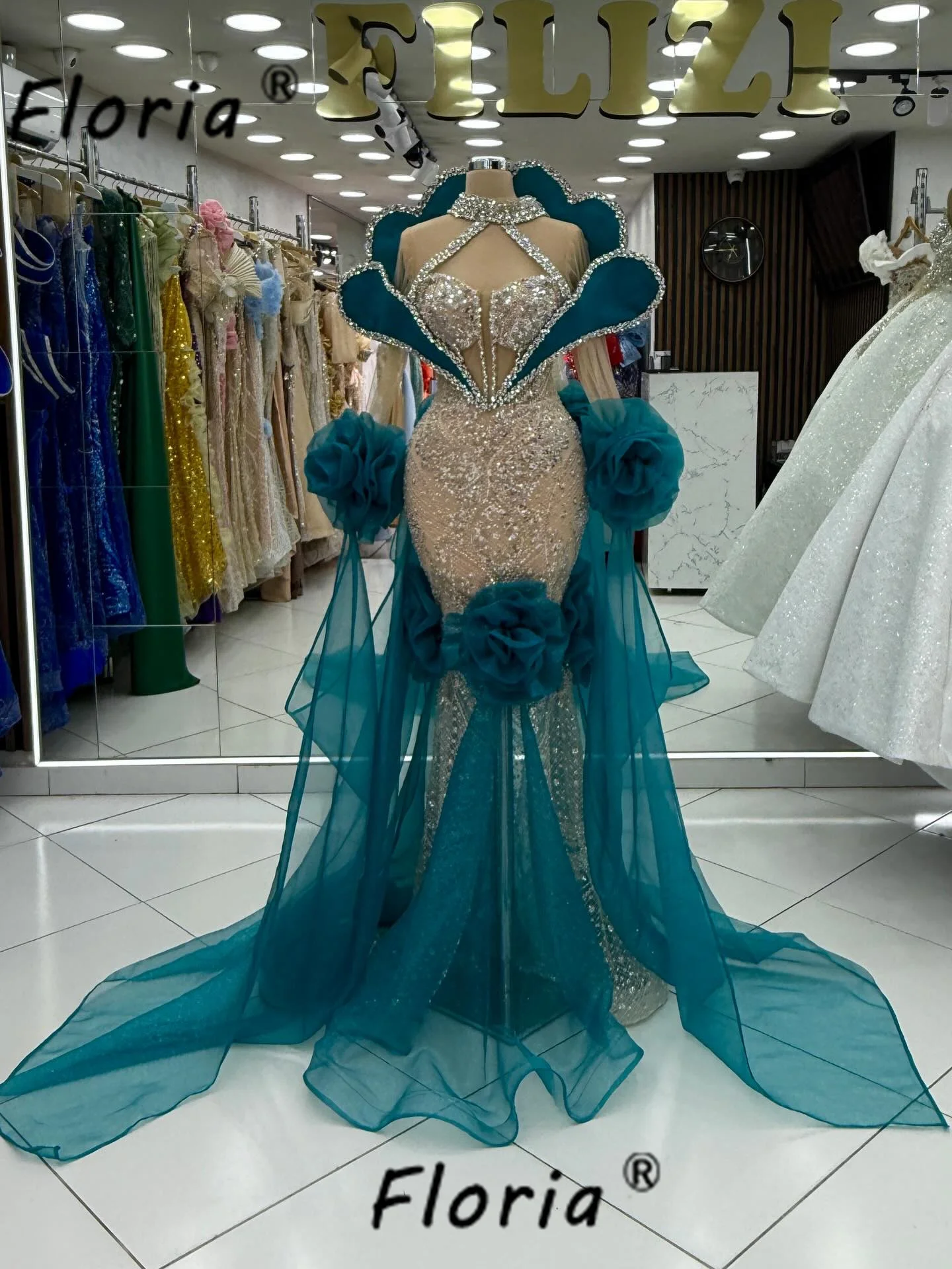Floria Luxus-Meerjungfrau-Abendkleid mit Kristallperlen, blaugrün, formelle Partykleider, Neuankömmling, Blumen, Tüll, Robes de Soirée 2026