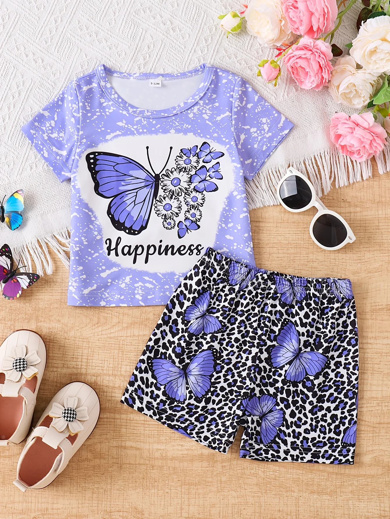 Girls Purple Butterfly Print T Shirt Shorts Set Sweet Style Summer Outfit