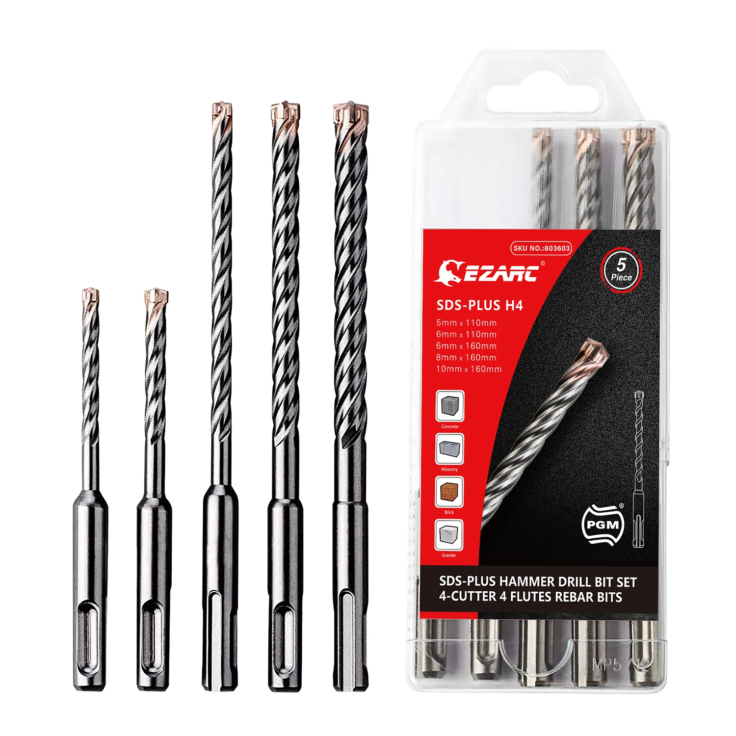 

EZARC 5Pcs Concrete Drill Bits Set Metric Drill Bit 4-Cutter Carbide Tips for Reinforced Concrete, Masonry, Marble, Brick, Tile