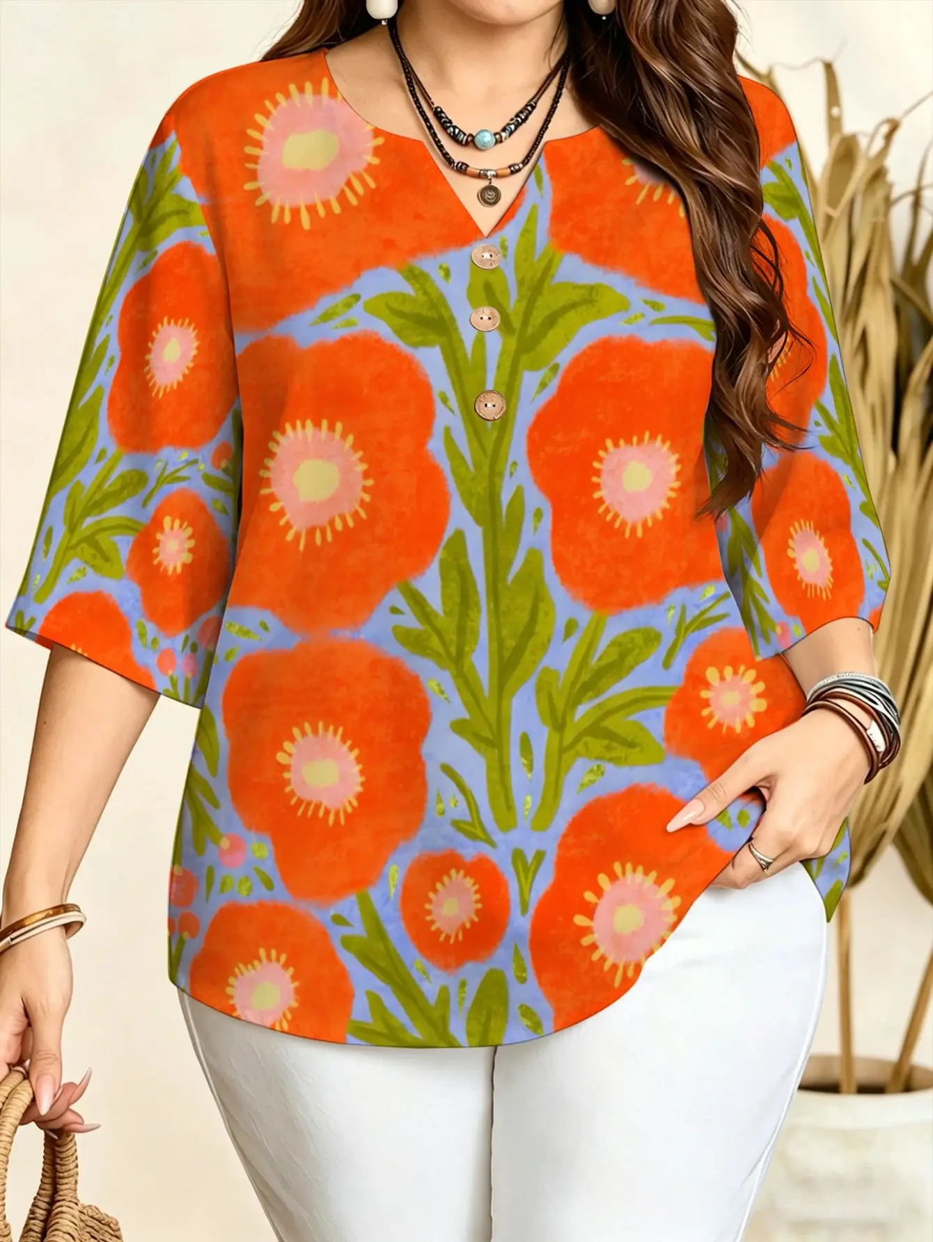 Women Vintage All‑Over Floral Ethnic Pattern Print Blouse For Curvy Figures Notched Neck 3/4 Sleeve Loose Boho Daily  Tops