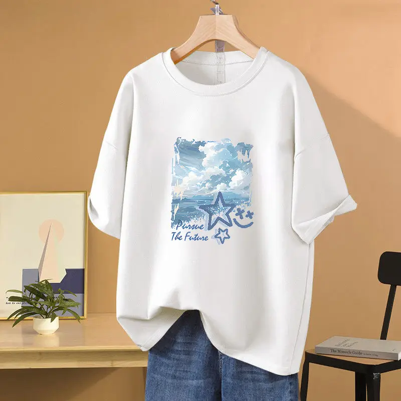 Women Clothing Cartoon Printed O-neck T-shirt, Summer 100% Cotton Short Sleeve Top Tee, Fashion Loose Casual Basic Pullovers