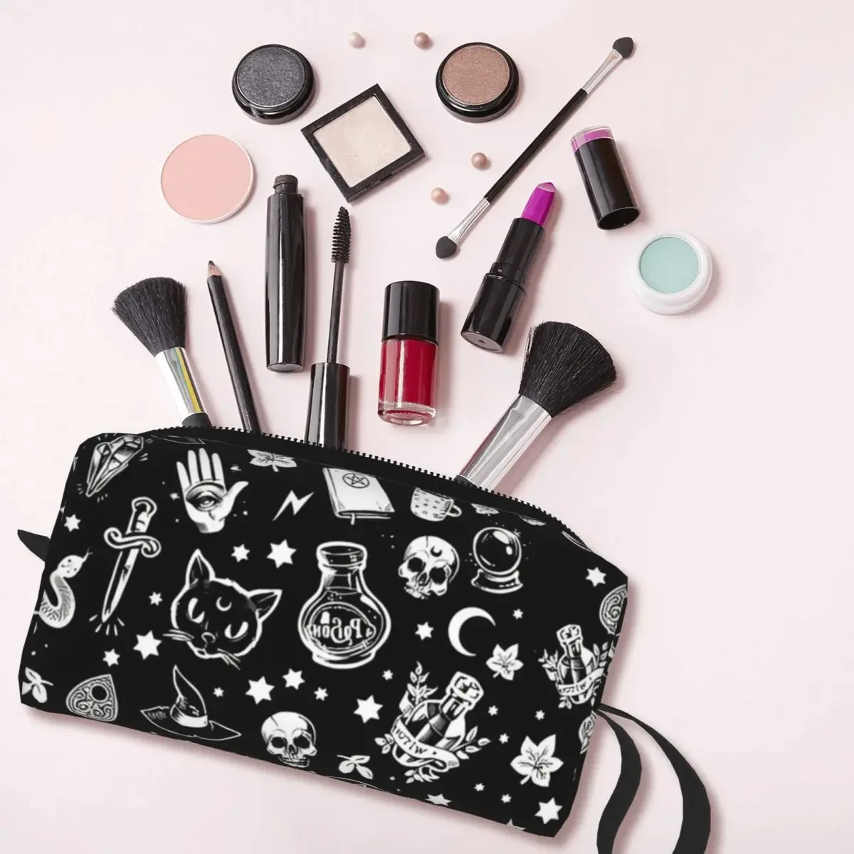 Witch Cat Pattern Large Makeup Bag Zipper Pouch Travel Cosmetic Bags Halloween Occult Gothic Magic Storage Bag for Women