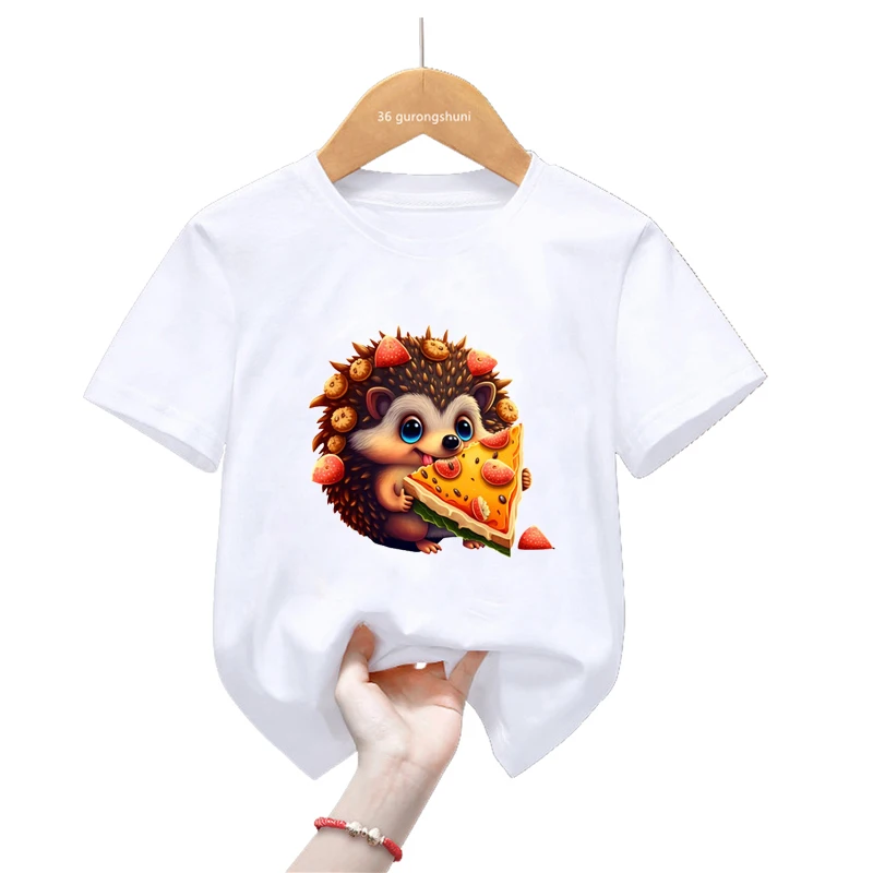 

Cute Hedgehog Eating Pizza/Watermelon Print T Shirt For Girls/Boys Funny White Kids Clothes Harajuku Kawaii Tshirt Summer Tops