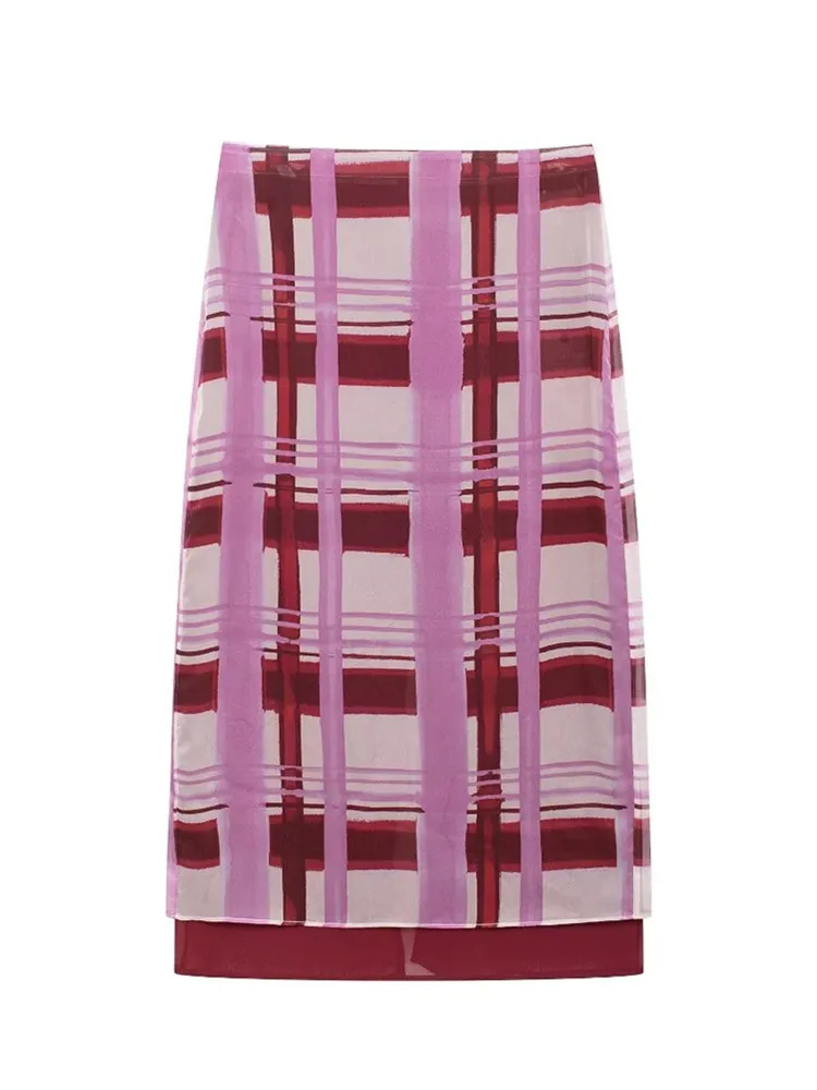 Zevity Women Fashion Color Matching Big Plaid Print Slim Midi Skirt Faldas Mujer Female Chic Back Zipper Casual Vestidos QUN7139