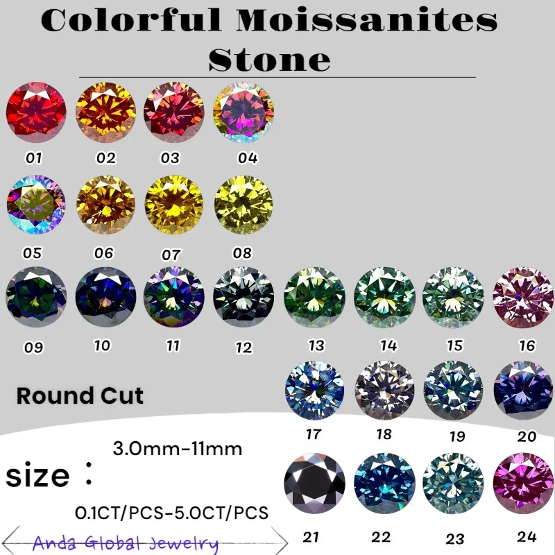

Colorful Moissanites Stone 3.0mm-11mm Round Cut Eight Hearts and Eight Arrows Moissanite Diamonds Gemstones With Certificate