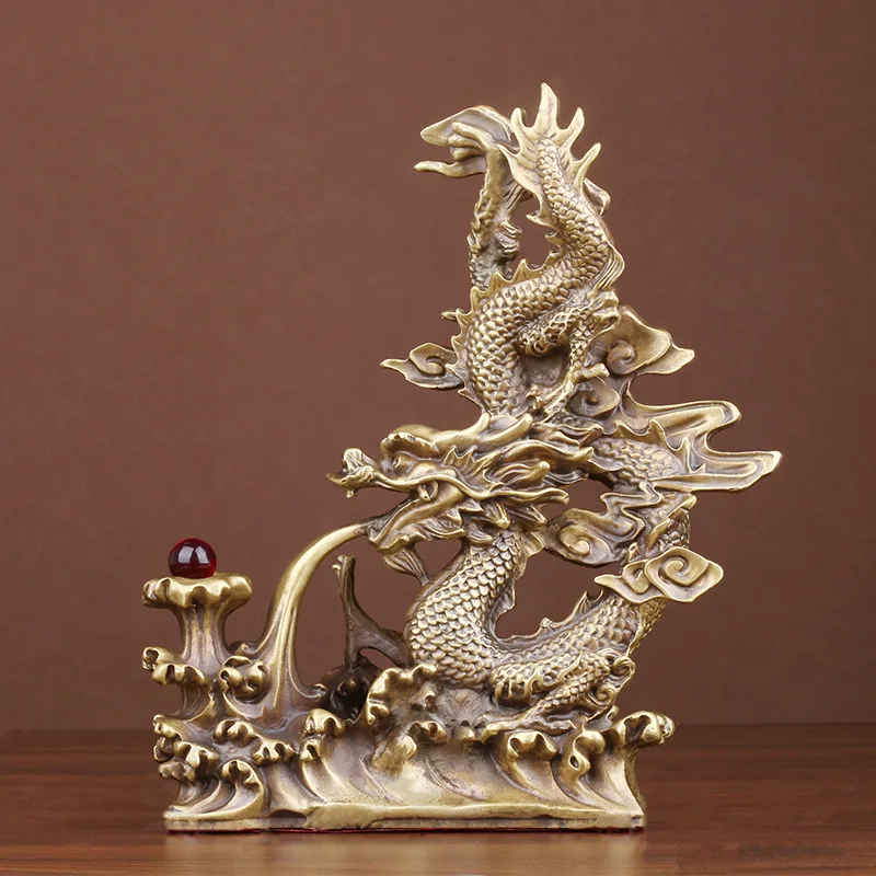 Pure Copper Ornament Green Water-Absorbing Zodiac Playing with Pearl Golden Standing Dragon H