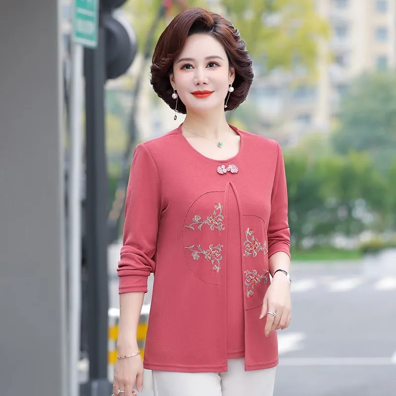 Elegant Fake Two Pieces Tunic Blouse Top Middle Aged Women Spring Autumn Blouses New Fashion embroidery Long Sleeve Loose Shirts