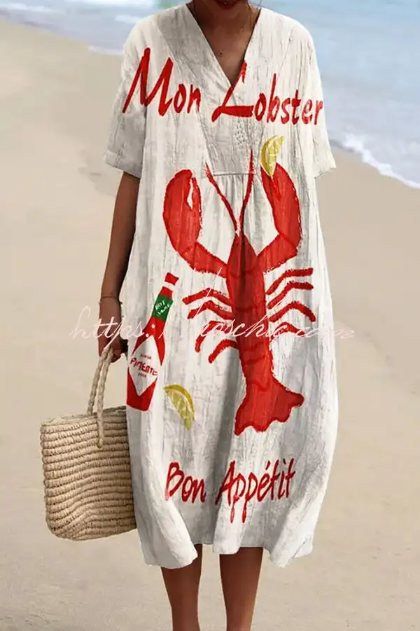 

Elegant Full-Print Maxi Dress for Women Boho Lobster Long Dress, Sleeveless V-Neck, Beachwear, Lightweight and Flowing Casual