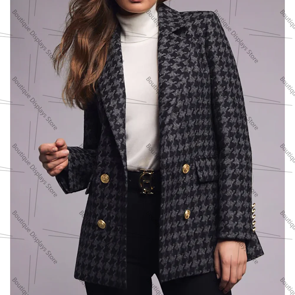 Elegant Gray Black Houndstooth Double Breasted Women Jacket Female Daily Coat Formal Blazer One Piece