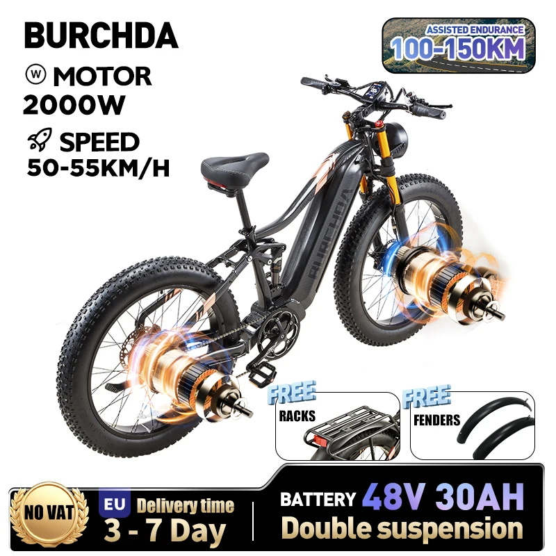 BURCHDA NEUE HC26 2000W 55KM/H Dual Motoren Elektrische Fahrrad 48V30AH Lithium-Batterie 26 Zoll 4,0