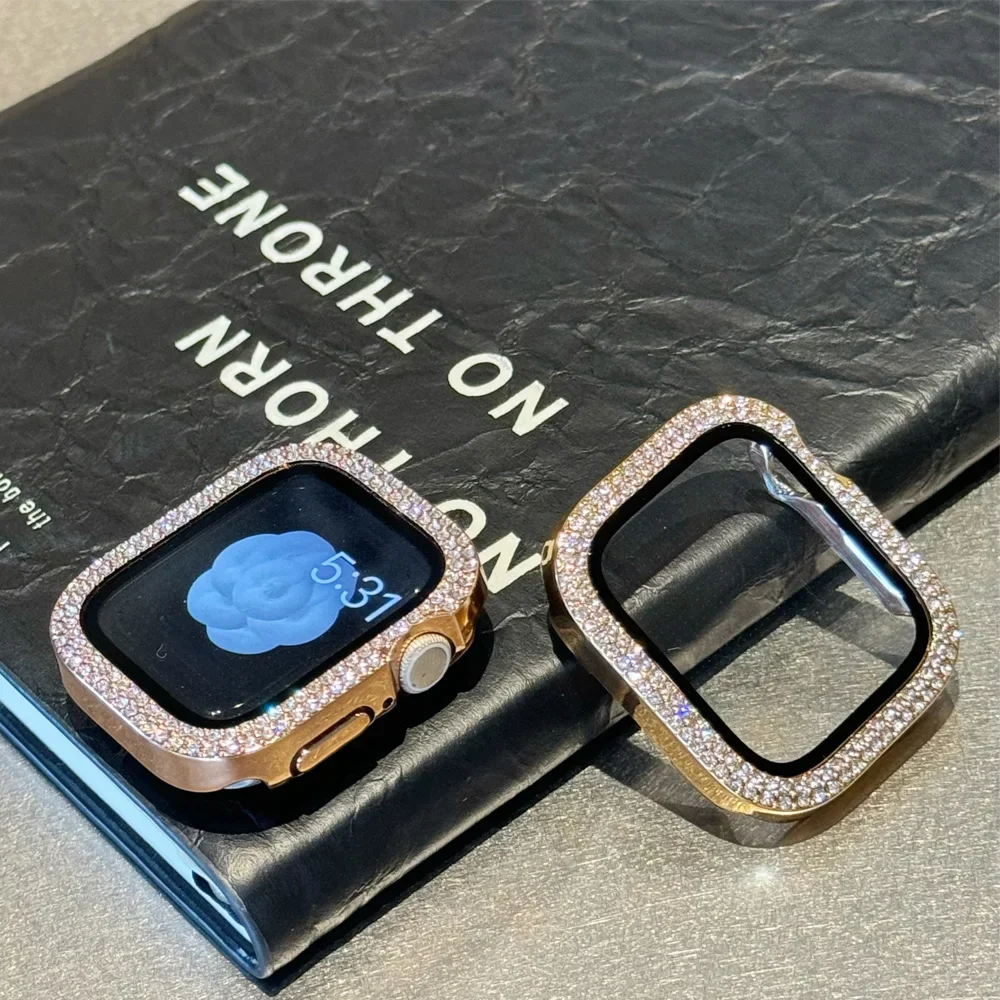 Penutup Berlian untuk Casing Jam Tangan Apple 45Mm-44Mm 41Mm-40Mm Kaca Antigores + Pelindung Layar Bumper Bling Seri IWatch SE 9 8 7 6 5 4