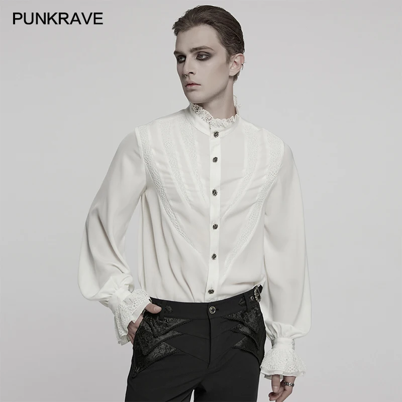PUNK RAVE Men's Gothic Sharp Teeth Segmentation Shirt Chiffon & Lace Party Elegant Tops Shirts Two Colors Available Men Clothing