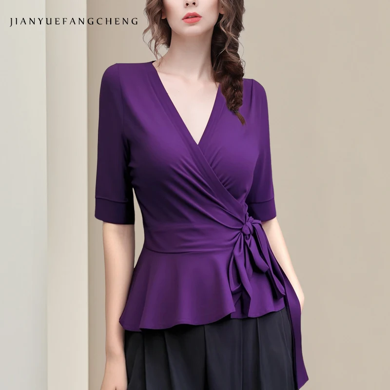 Sexy V-neck Skinny Purple Knit Top For Women With Belt Lace-up Spring Summer Short Sleeve Stretching Small Shirts
