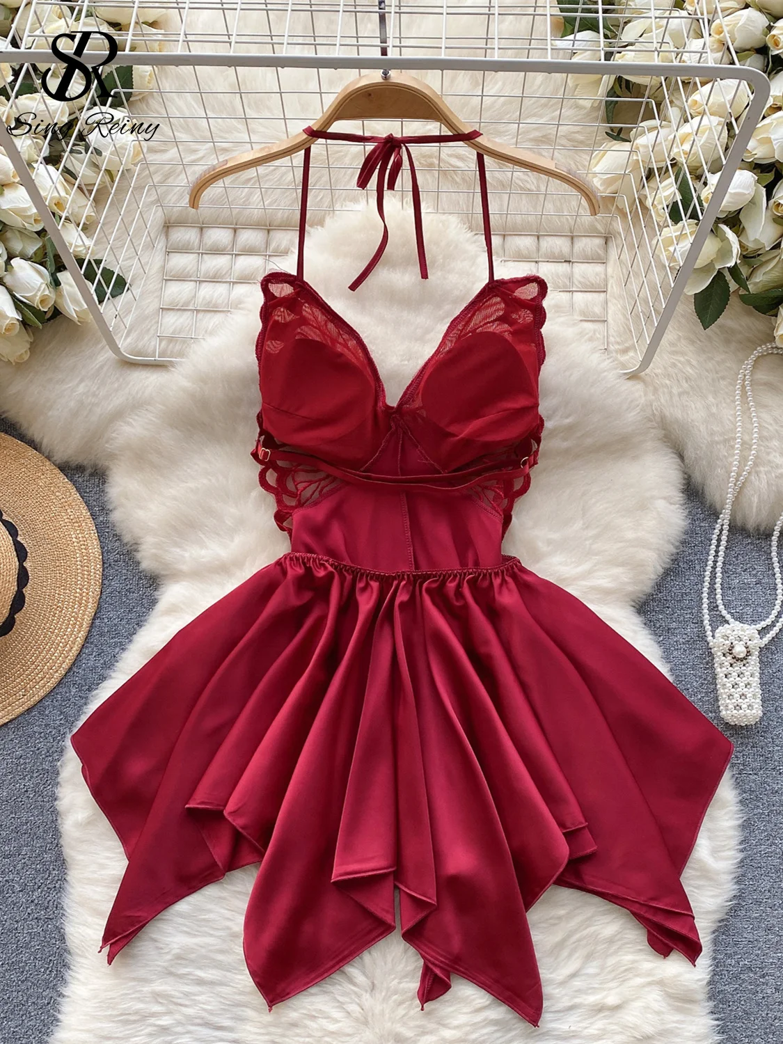 SINGREINY Butterfly Lace Christmas Sexy Pajamas Women Halter Splice  Backless Bodydress Irregular Hotsweet Erotic Porn Slim Dress - AliExpress  200000345