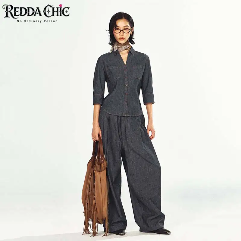REDDACHiC Work Denim Shirt Pants Women Matching Set Retro Drawstring Baggy Palazzo Pants V-neck Shirt Minimalist Autumn Clothes