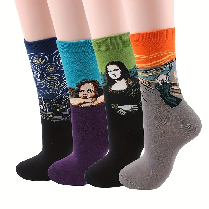 Randomly 5 pairs of unisex oil painting character images in cotton socks with sweat wicking personality