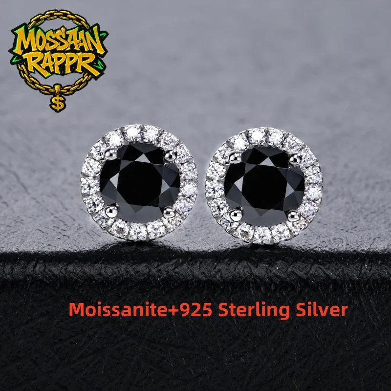 MossanRappr 1ct Black Moissanite Iced Out Diamond Stud Earrings For Women 925 Sterling Silver Top Quality Hip Hop Jewelry Gifts