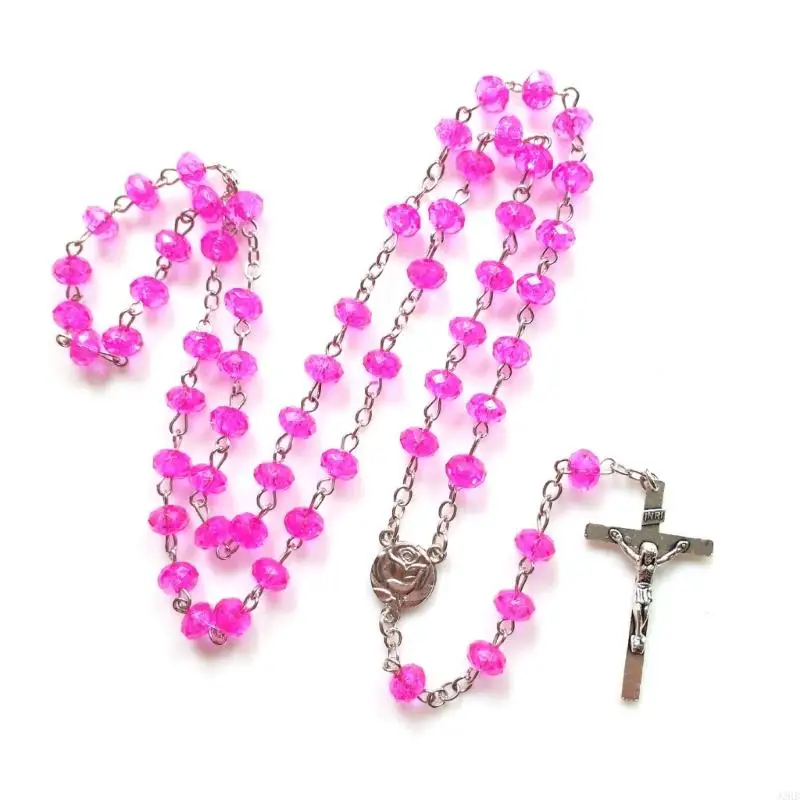 J2HB Imitation Crystal Beads Rosary Necklace for Girl Women Religious Jewelry