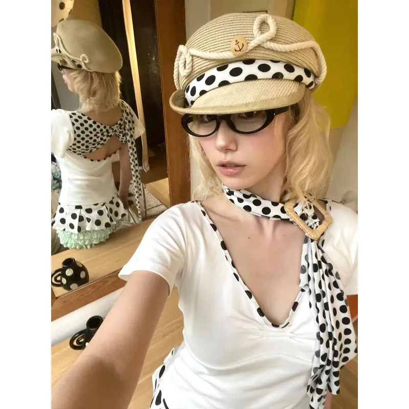 

Футболка Street Hottie Y2k Kawaii в горошек с бантом в стиле пэчворк, модные субкультурные полые футболки, женские тонкие универсальные топы в стиле ретро