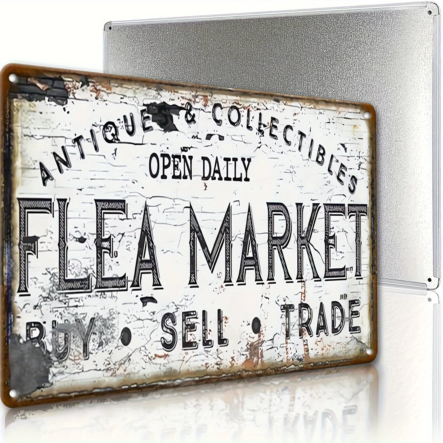 خطة أرضية ثنائية الأبعاد، قطعة واحدة من لافتات معدنية عتيقة لسوق البراغيث - زخرفة جدارية ريفية عتيقة مع "FLEA MARKET" والتجارة #2