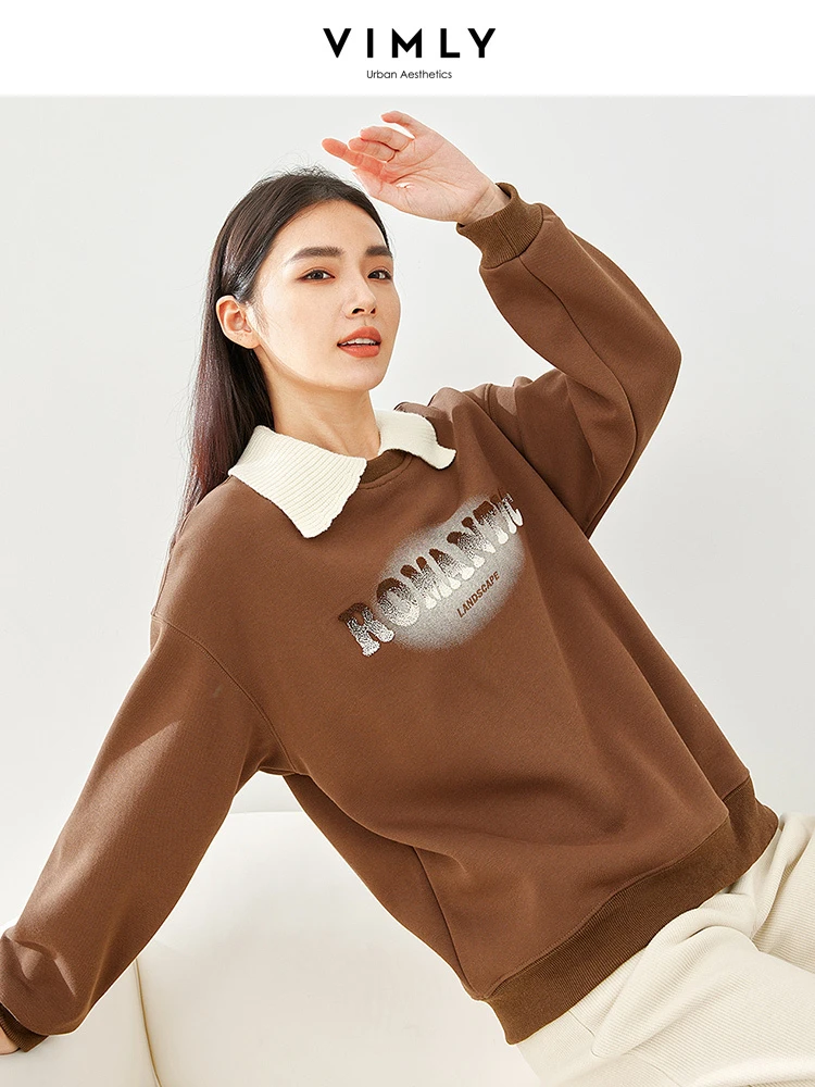 Vimly Lapel Fake 2 Piece Women\'s Sweatshirt Thick Gradient Letter Printed Pullovers 2023 Winter Long Sleeve Top for Woman 16361