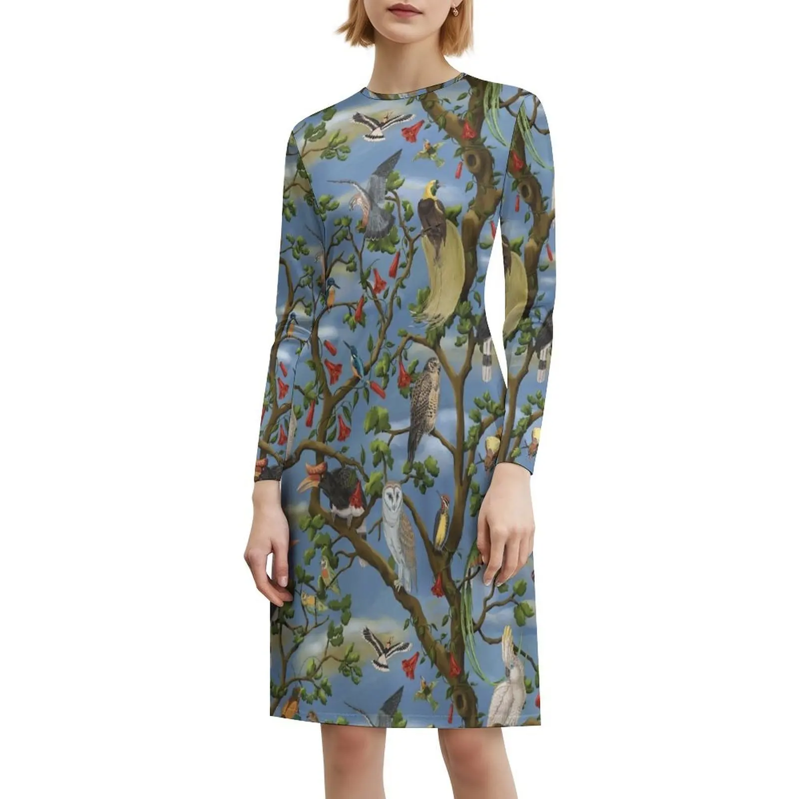 طيور العالم Animalier طباعة مع البوم فستان بفتحة عنق على شكل قلب فستان أنيق للحفلات الصيفية للنساء الطيور الحيوانات