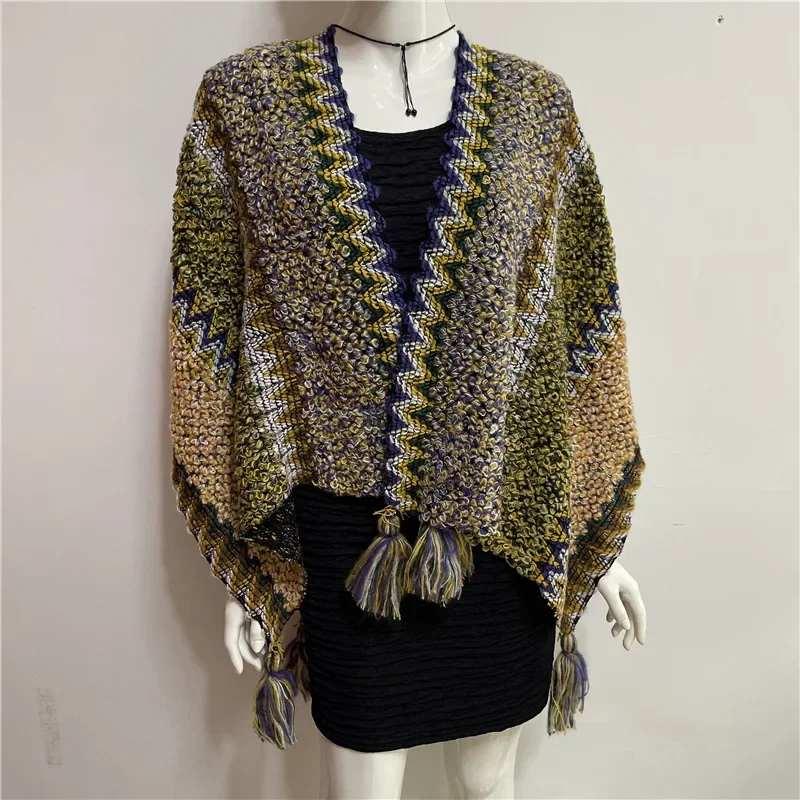 

Spring Autumn Tibetan National Style Girl Shawl Cloak Thick Knitted Tassel Scarf Shawl Dual Purpose Lady Cardigan Coat Green