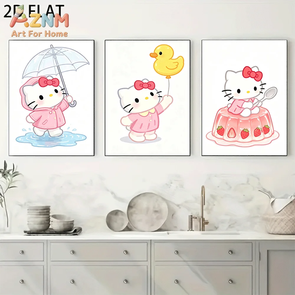 AZNM Hello Kitty Canvas Wall Art Unframed Cute Cartoon Print Poster Umbrella Rubber Duck Balloon Strawberry Jelly Pink Bow Desig