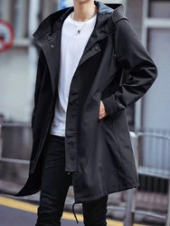 Spring Autumn Long Trench Coat Men Fashion Hooded Windbreaker Black Overcoat Casual Jackets