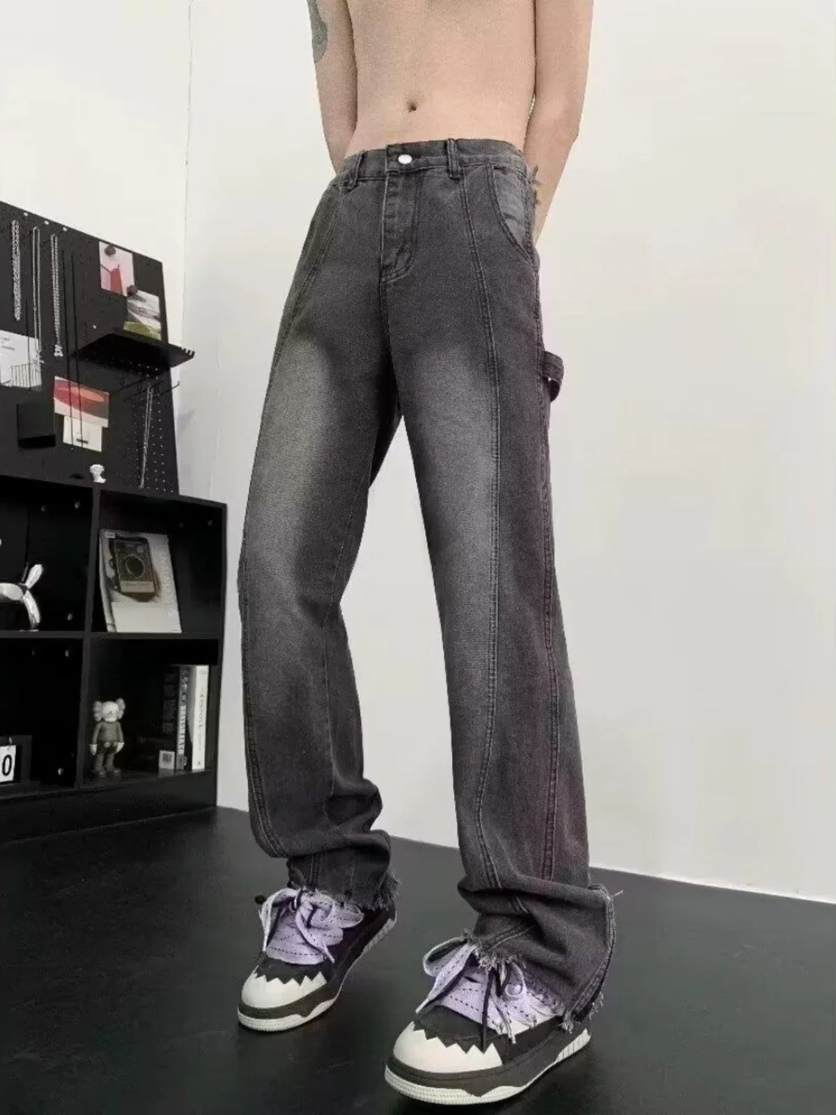 الأمريكية الرجعية الطين عمال الجينز الرجال الصيف تصميم حساسة صغيرة فيبي شارع العليا العصرية فضفاض طماق أنبوب مستقيم