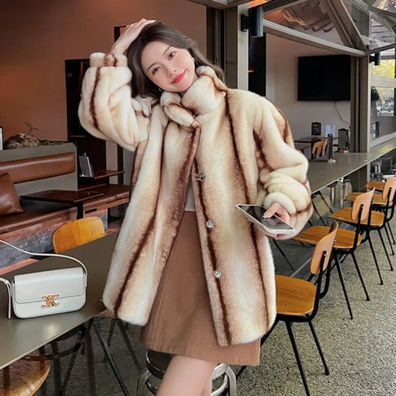 Women Fashion Retro Eco-friendly Fur Coat Winter New Female Mid-Length High-Grade Loose Casual Mink Fur Thicken Fleece Overcoat