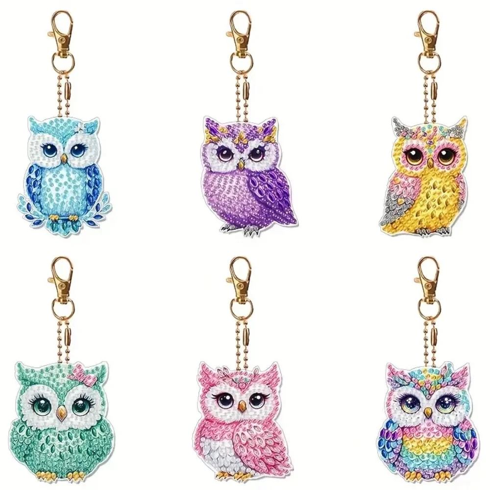 

6-piece/set DIY Diamond Keychain - Owl Pattern Animal Series, Handmade Decoration, Diamond Painting Set Material, Handmade Mosai