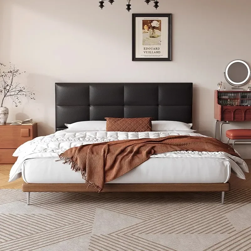 for French Retro Dark Chocolate Solid Wood Leather Bed Soft Bag Flush Edge Wedding Bed Italian Minimalist Master Bedroom